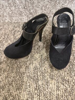 Pedro Garcia Black Suede Mary Jane High Heels with Buckle Strap